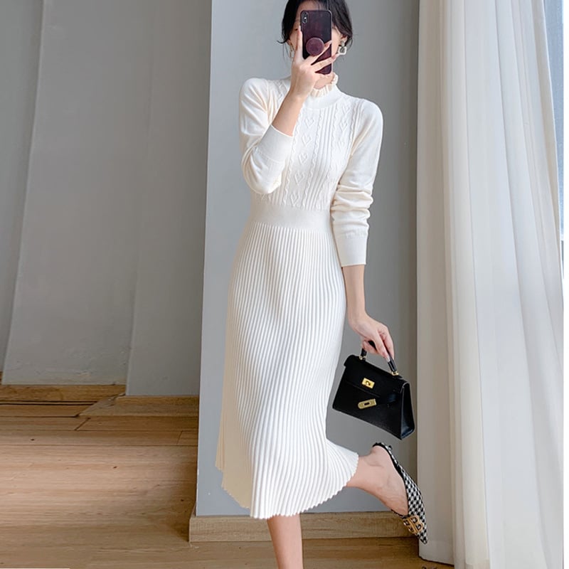 Wooden Ear Knit Dress — women's beige black dresses by Blnka Kollective