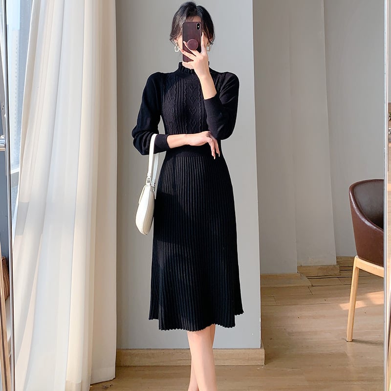 Wooden Ear Knit Dress — women's beige black dresses by Blnka Kollective