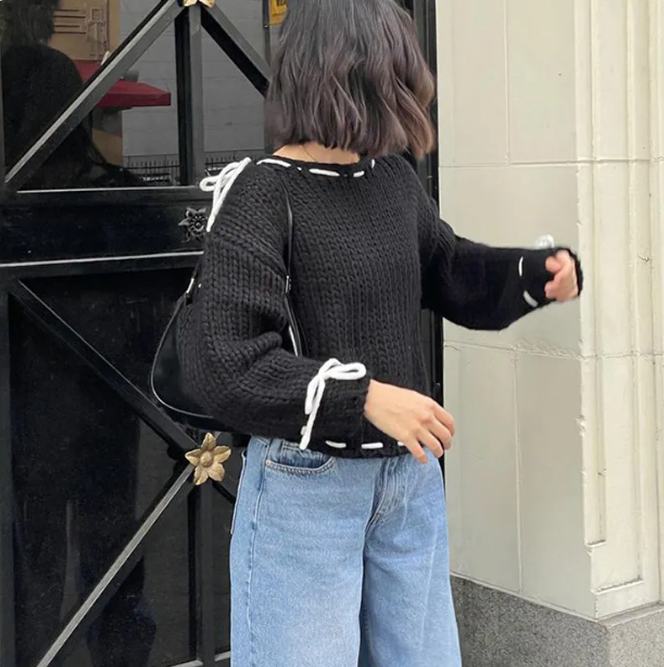 Bowknot Knit — women's beige black sweaters by Blnka Kollective