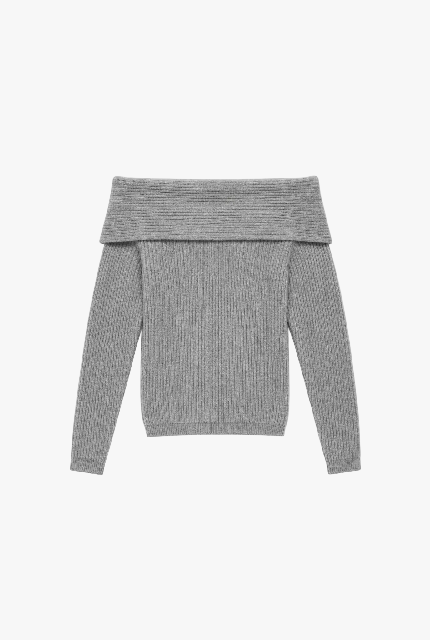 Bare Shoulder Knit — grey off shoulder womens knit sweater flat lay by Sulta Studios