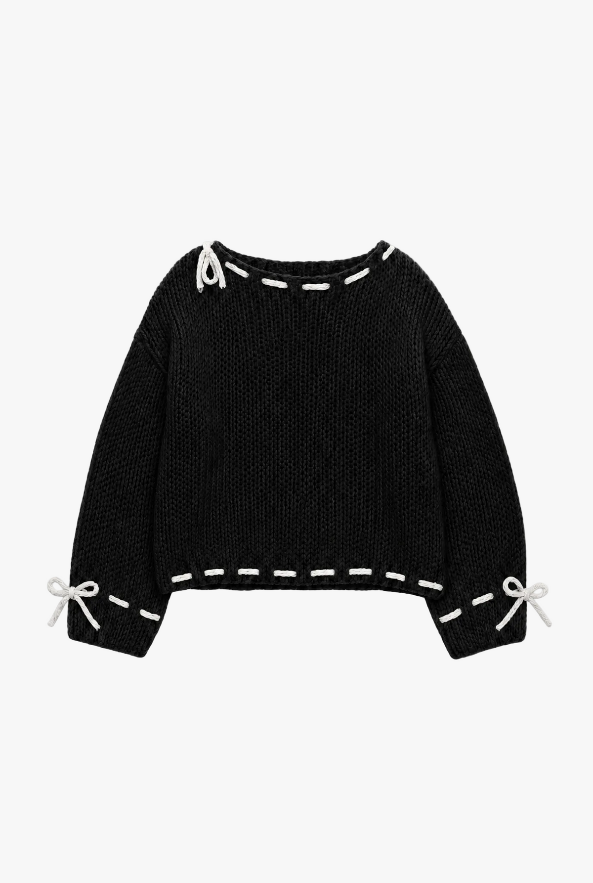 Bowknot Knit — black bow detail knit sweater with white cords flat lay by Sulta Studios