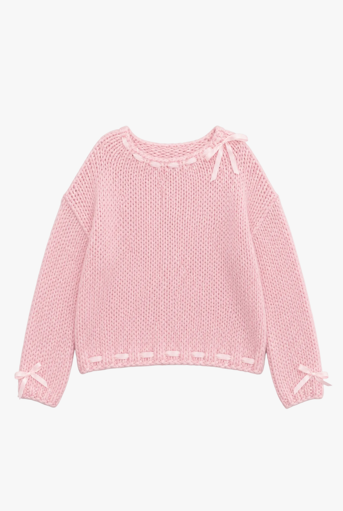 Bowknot Knit — pink bow detail womens knit sweater flat lay by Sulta Studios