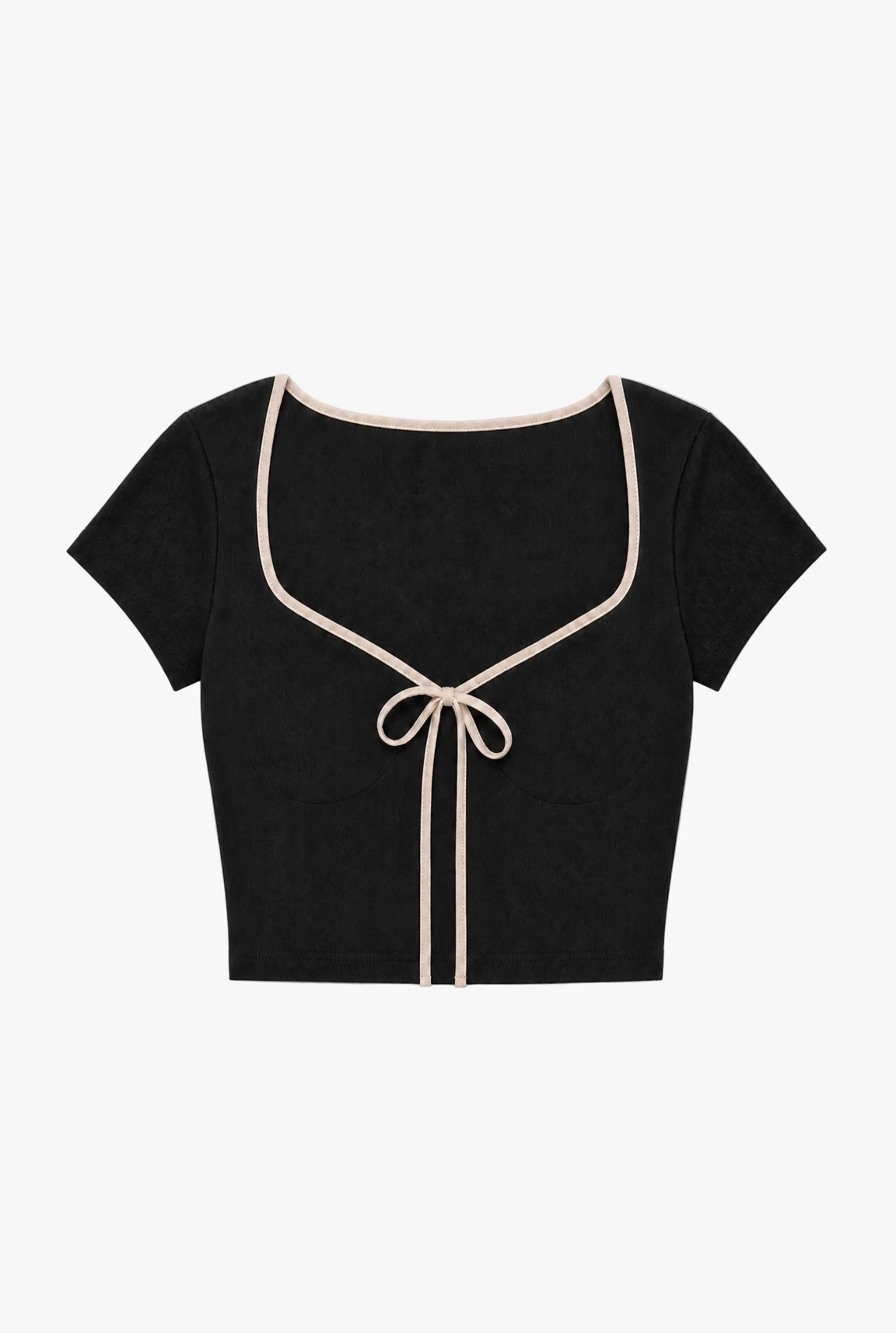 Bowstring Crop Top — black bow detail womens crop top flat lay by Sulta Studios