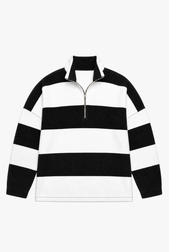 Deckhand Quarter Zip — black and white striped quarter zip flat lay by Sulta Studios