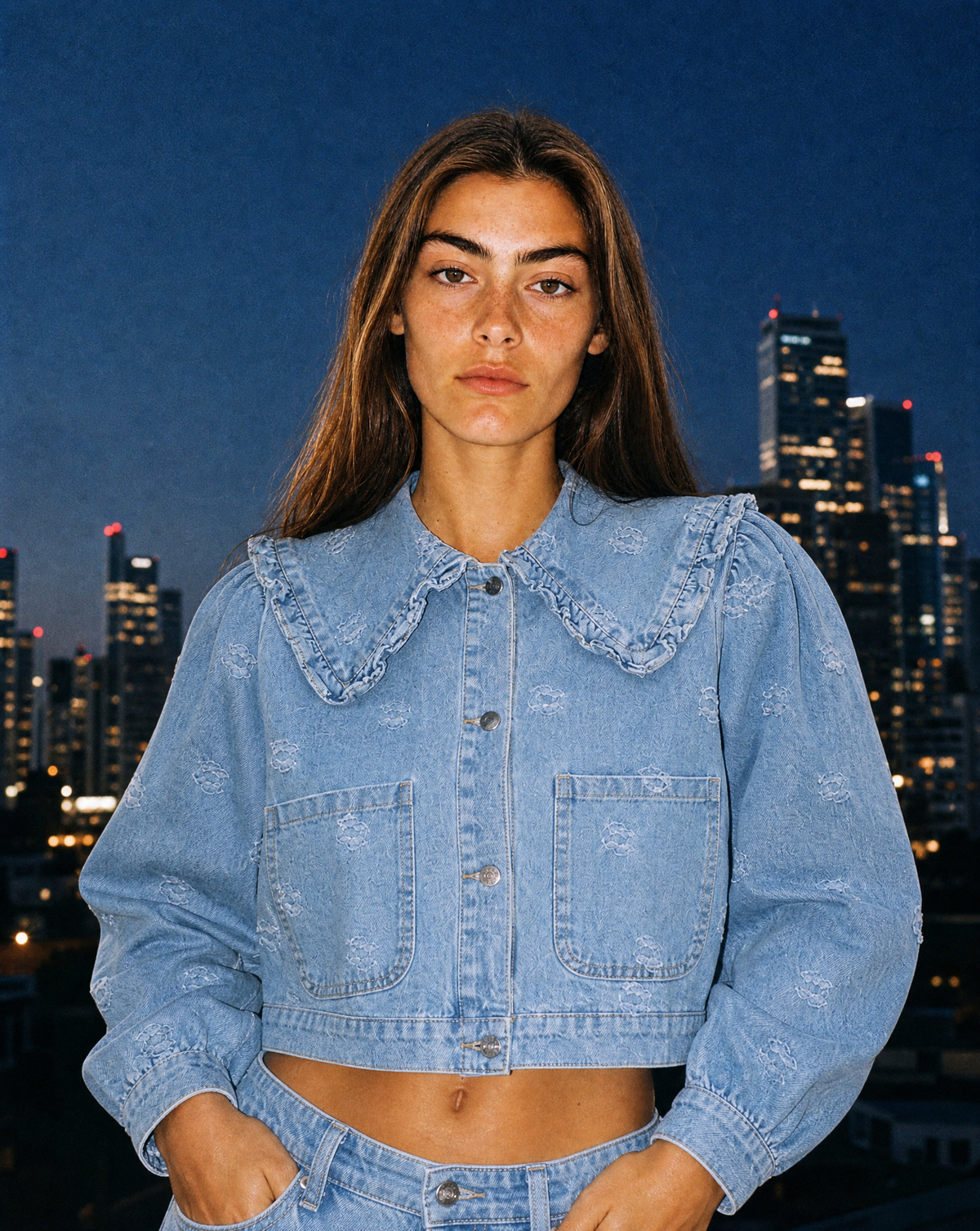 Dollhouse Denim — blue cropped denim jacket on female model by Sulta Studios
