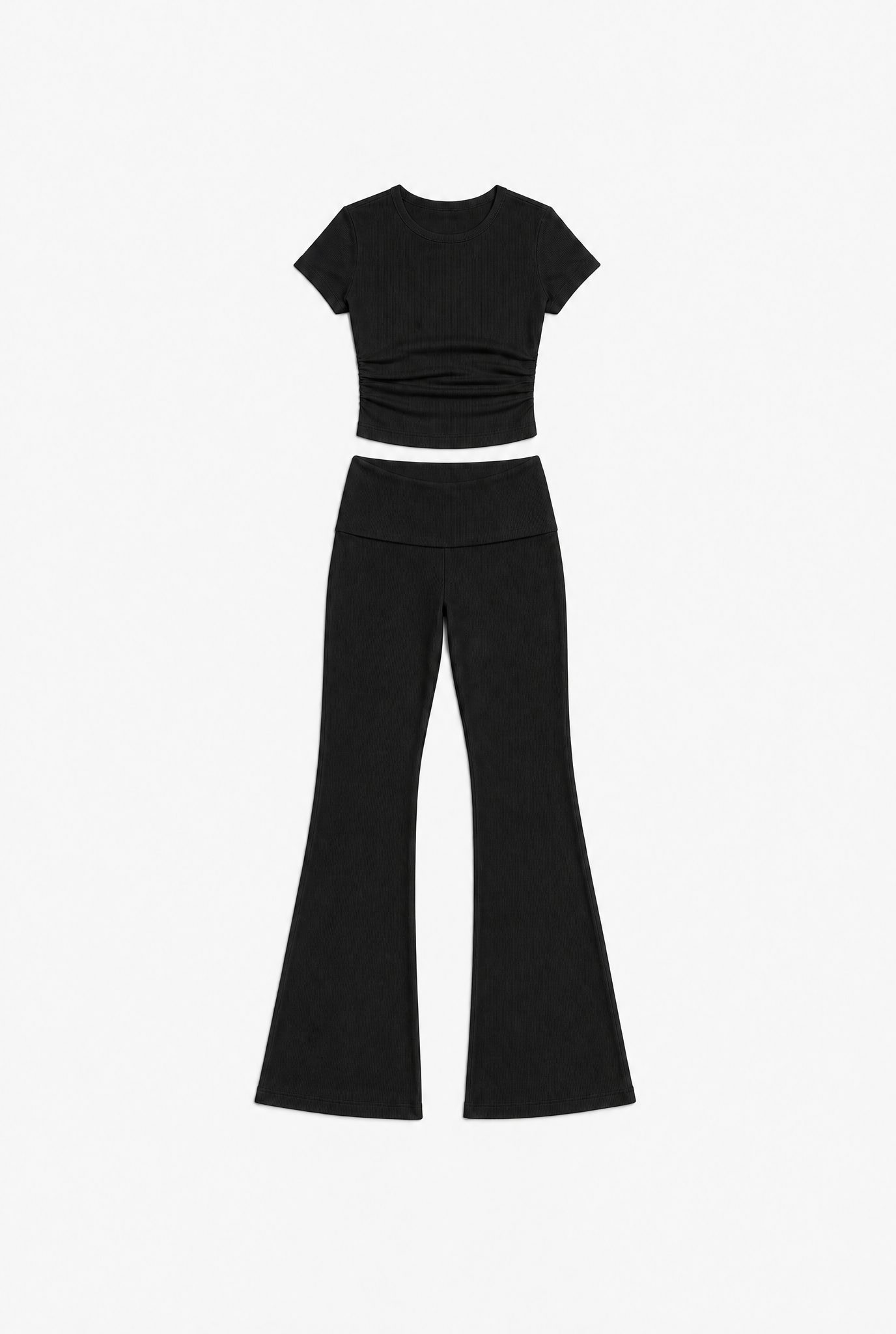Double Take Set — black ribbed crop top and flared trousers two piece set by Sulta Studios