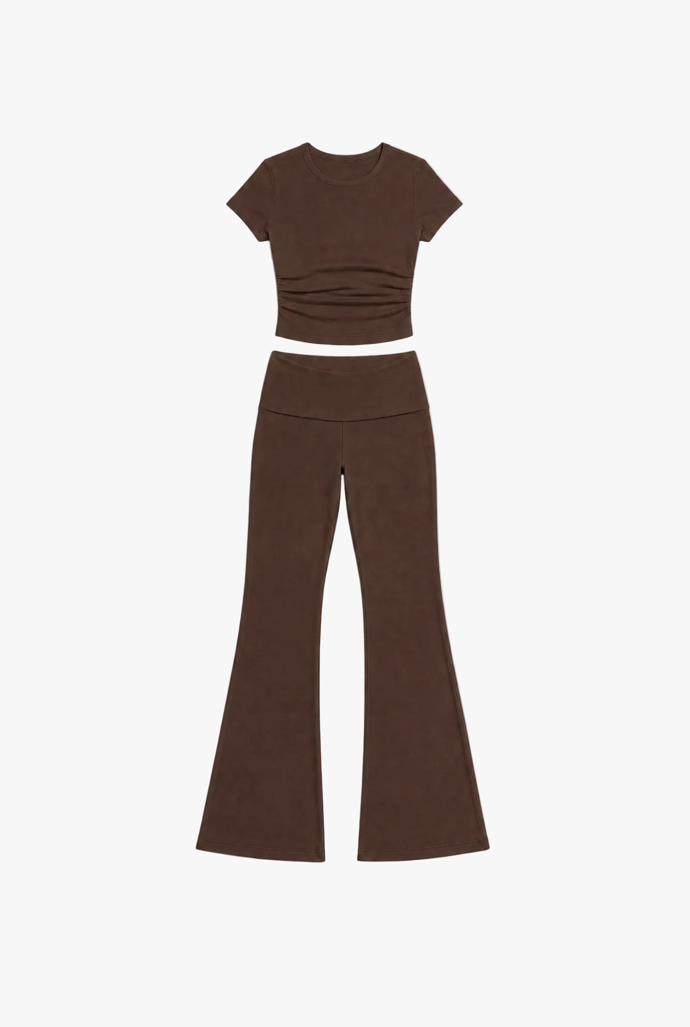 Double Take Set — brown ribbed crop top and flared trousers two piece set by Sulta Studios