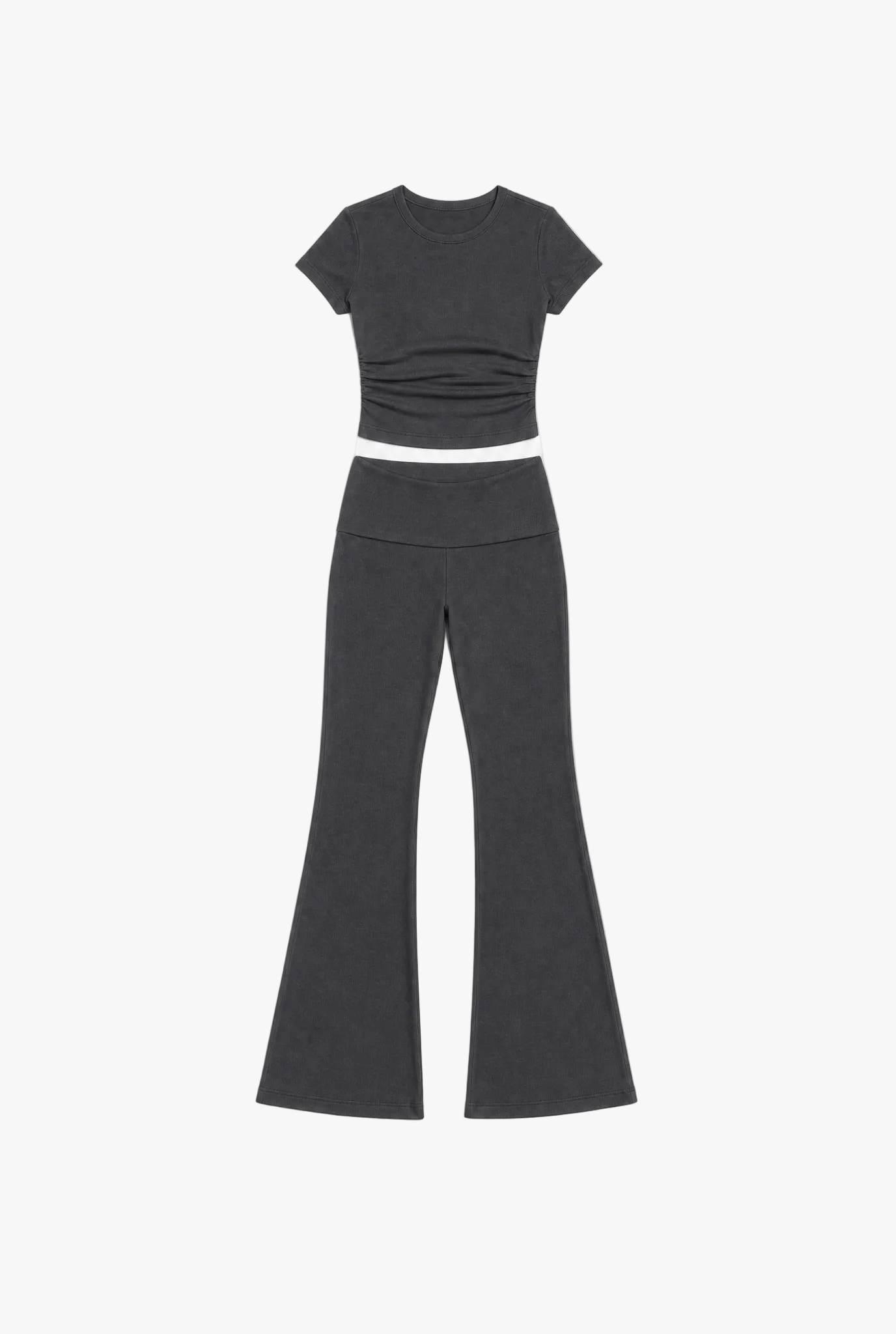 Double Take Set — dark grey ribbed crop top and flared trousers two piece set by Sulta Studios