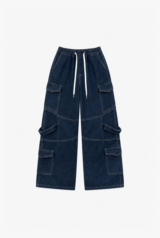 Drawstring Denim Cargo Jeans — women's blue wide-leg cargo jeans by Sulta Studios