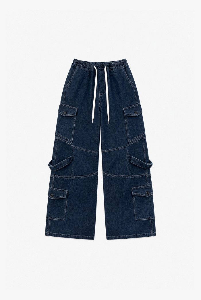 Drawstring Denim Cargo Jeans flat-lay