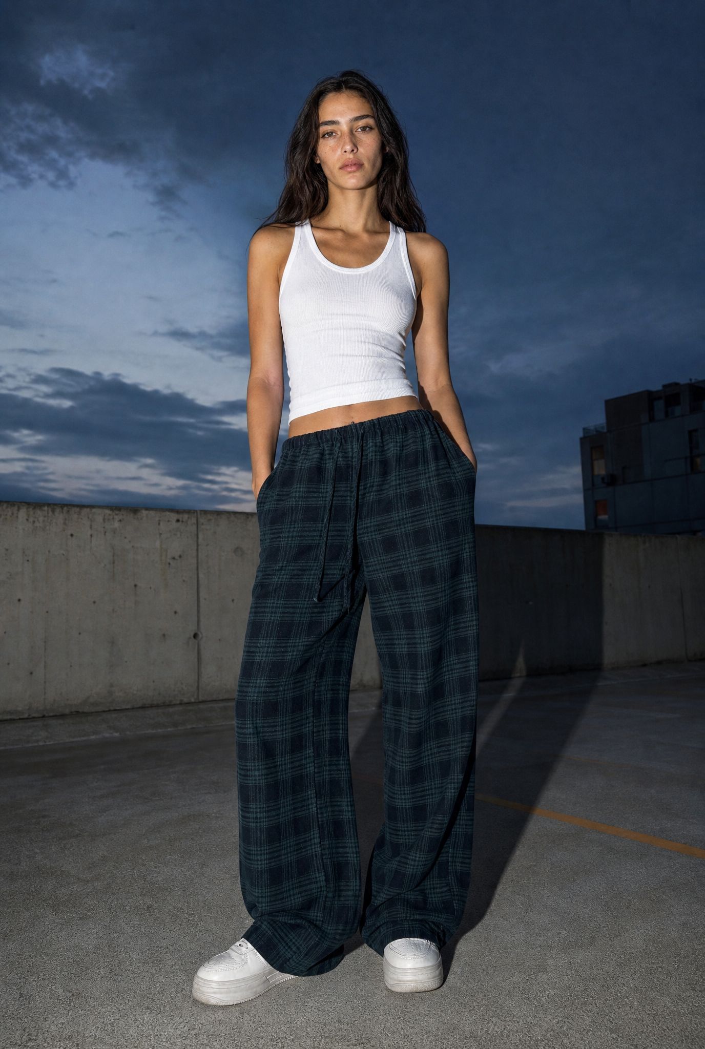 Green Plaid Wide Leg Pants — women's bottoms by Blnka Kollective