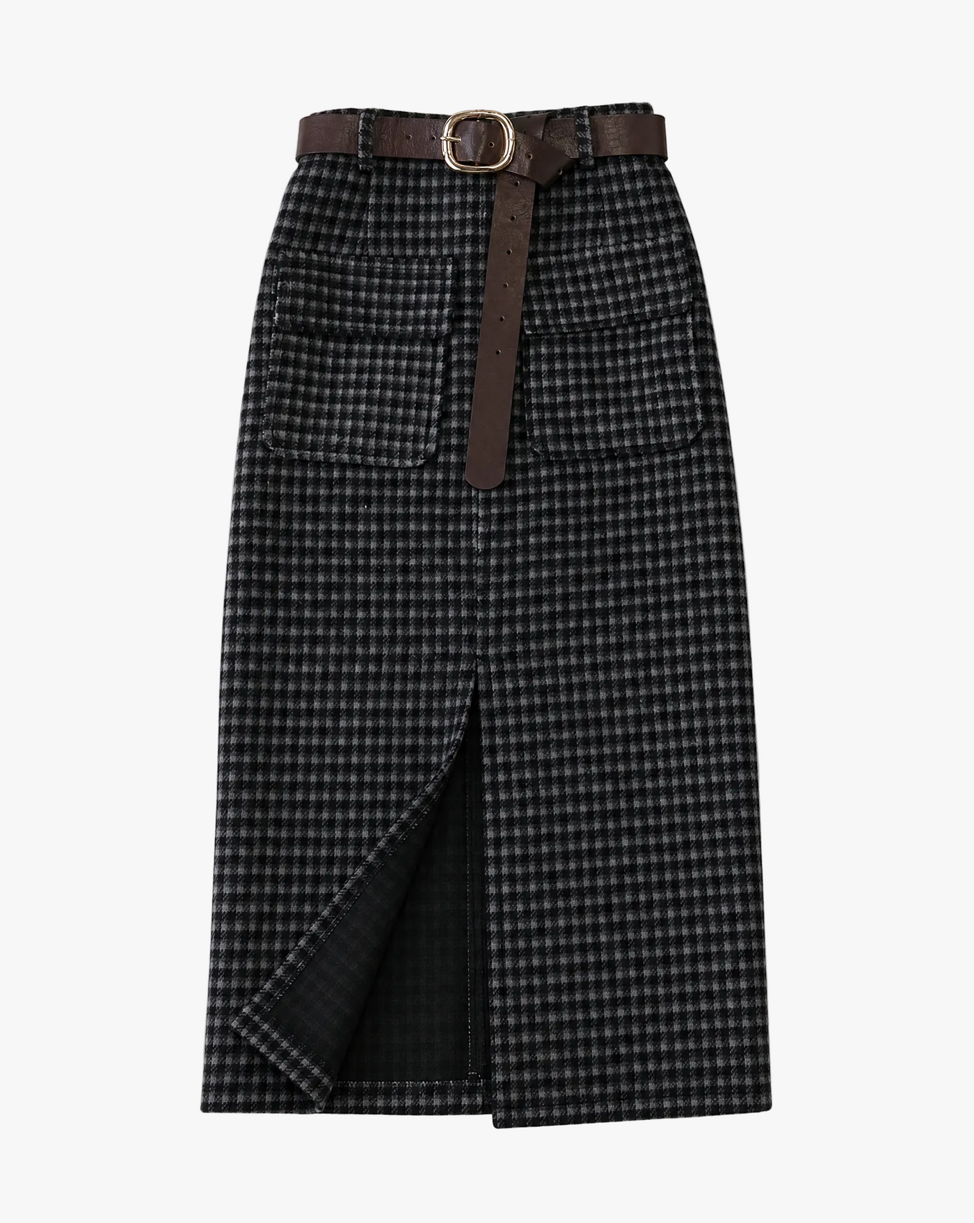 Gridwork Skirt — black checked wool womens skirt flat lay by Sulta Studios