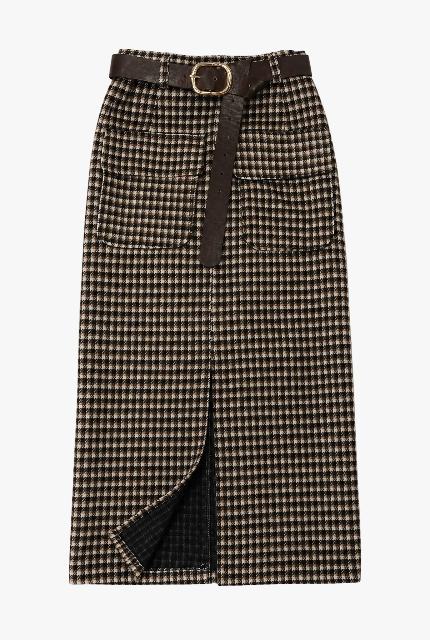 Gridwork Skirt — coffee checked wool womens skirt flat lay by Sulta Studios