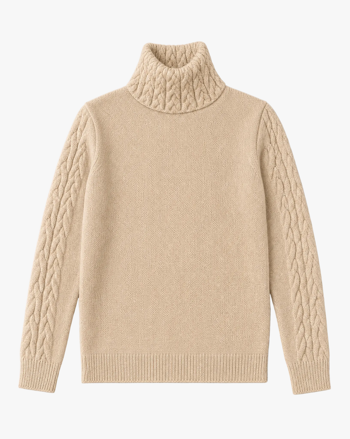 Highland Knit — beige cable knit turtleneck sweater flat lay by Sulta Studios