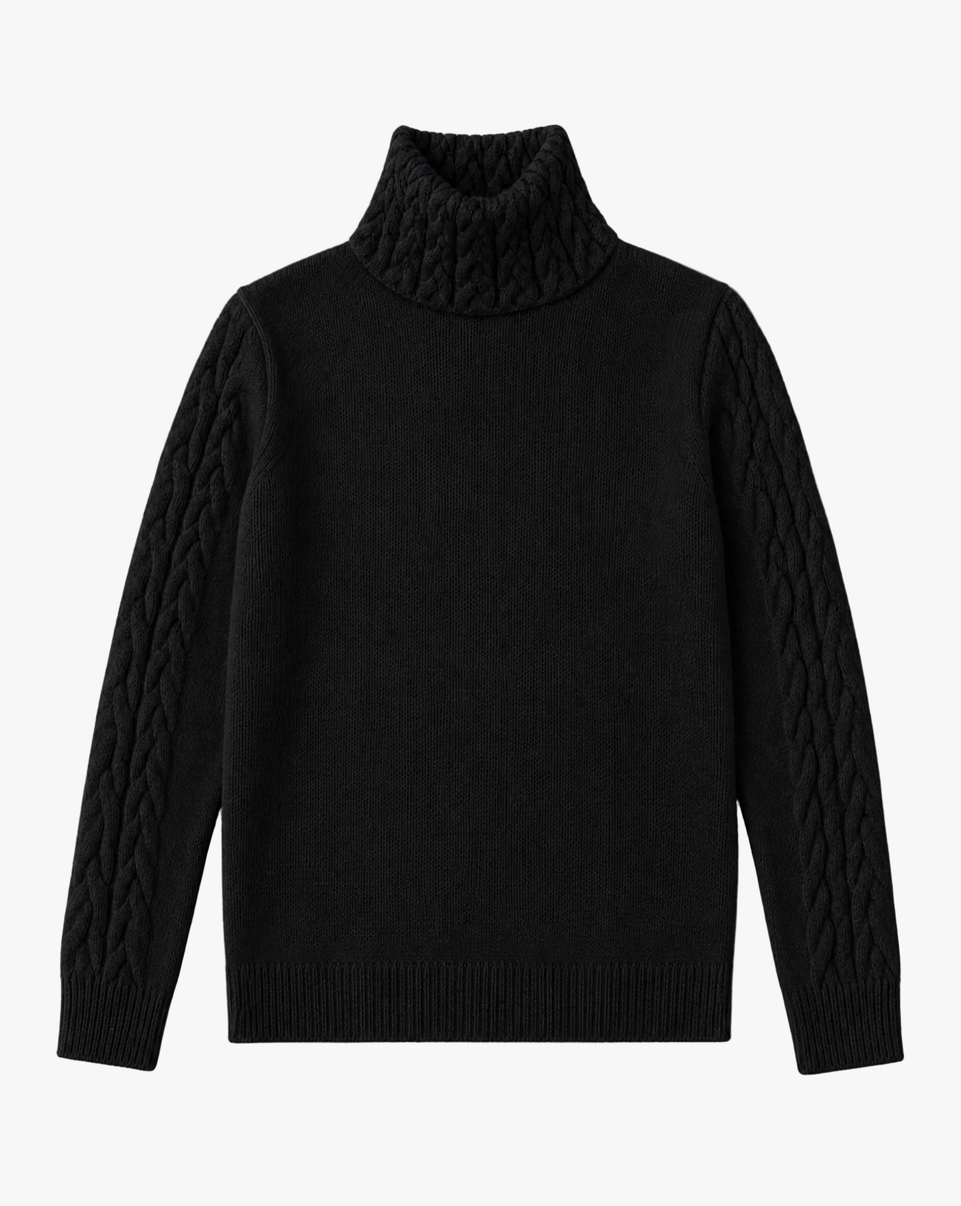 Highland Knit — black cable knit turtleneck sweater flat lay by Sulta Studios