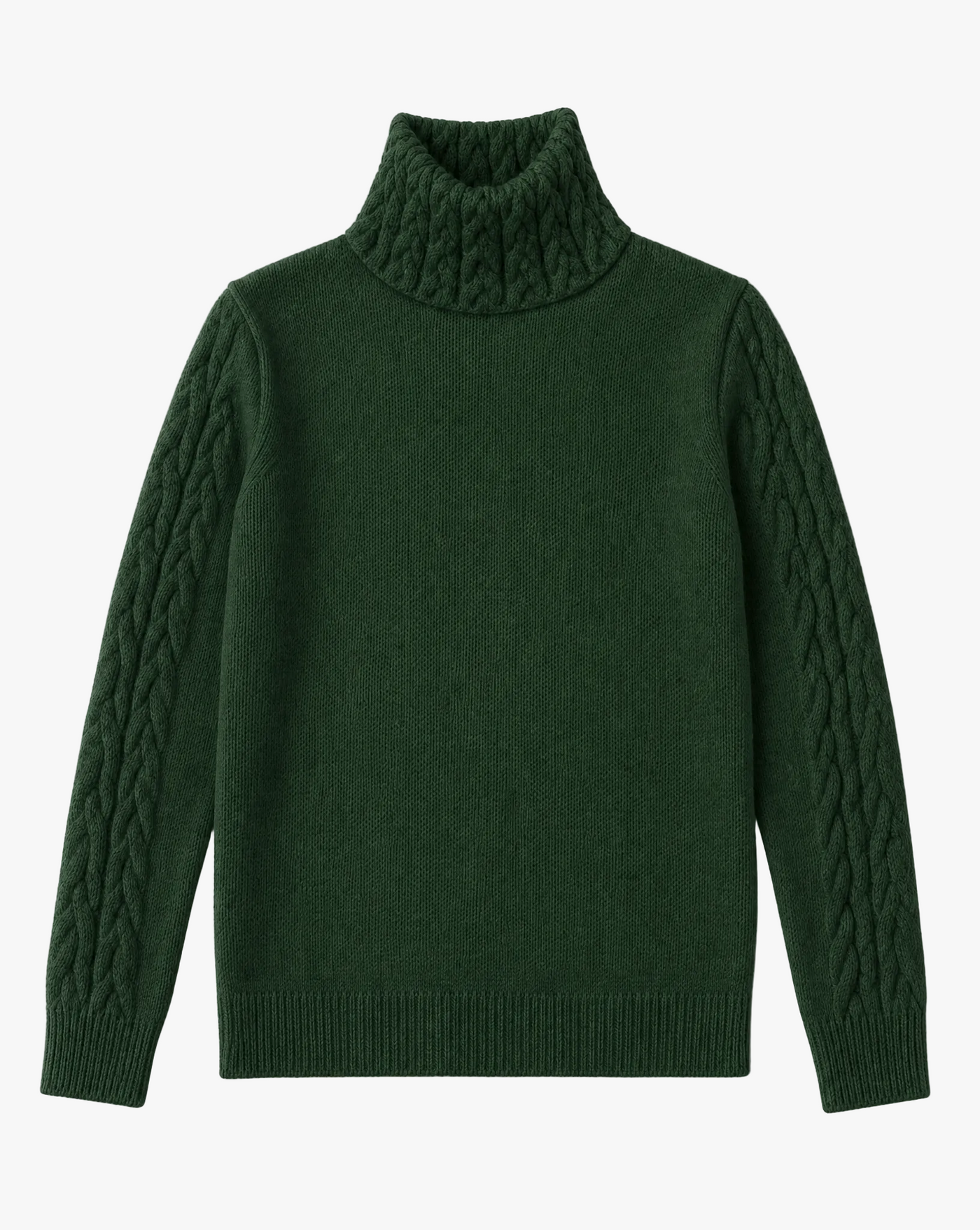 Highland Knit — green cable knit turtleneck sweater flat lay by Sulta Studios