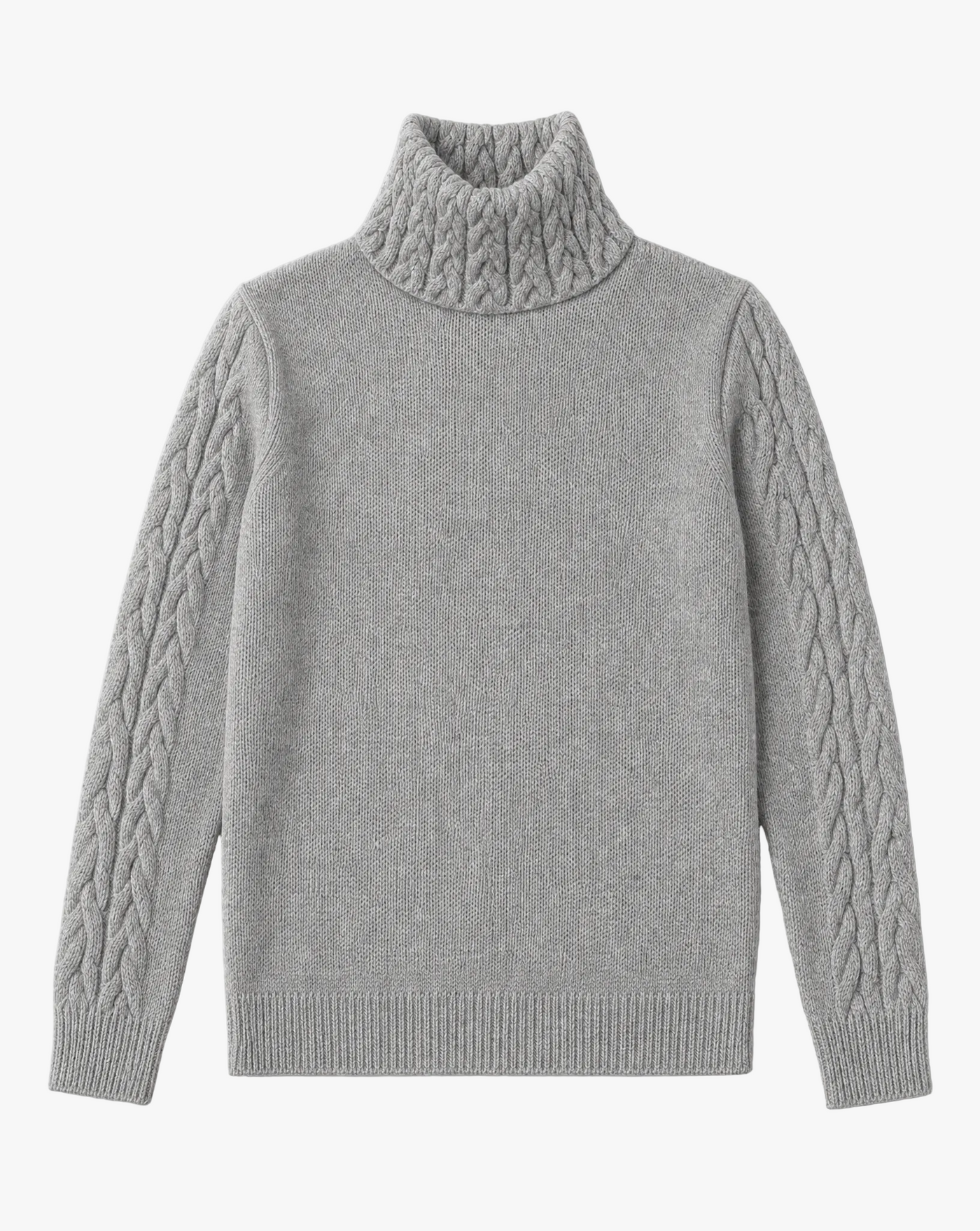 Highland Knit — grey cable knit turtleneck sweater flat lay by Sulta Studios