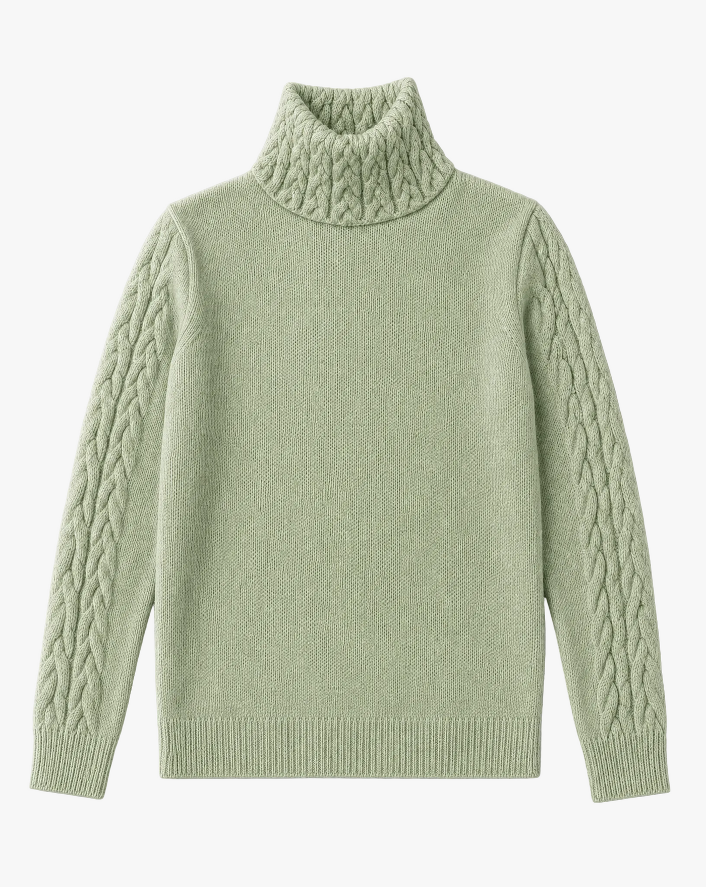 Highland Knit — light green cable knit turtleneck sweater flat lay by Sulta Studios