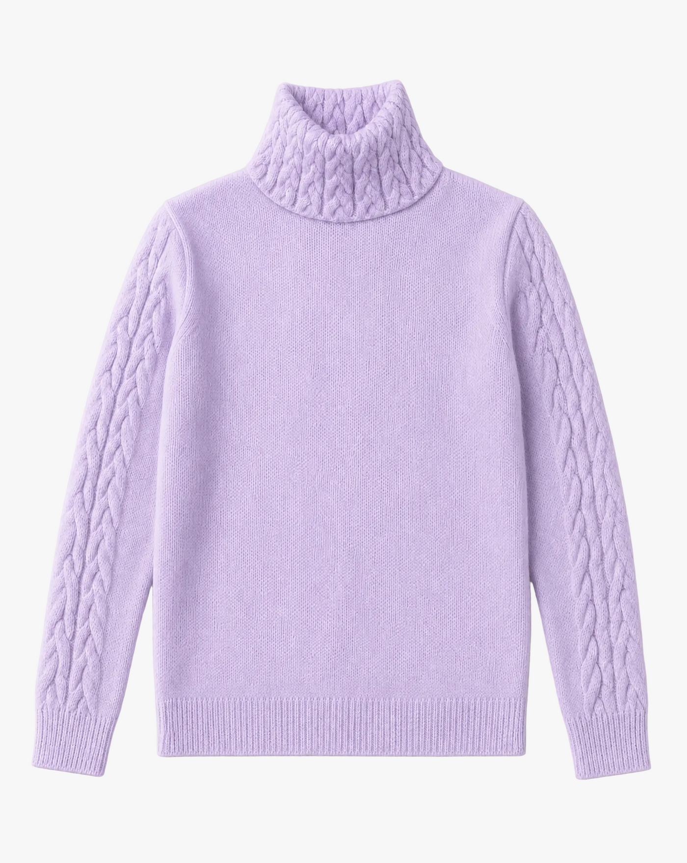 Highland Knit — light purple cable knit turtleneck sweater flat lay by Sulta Studios