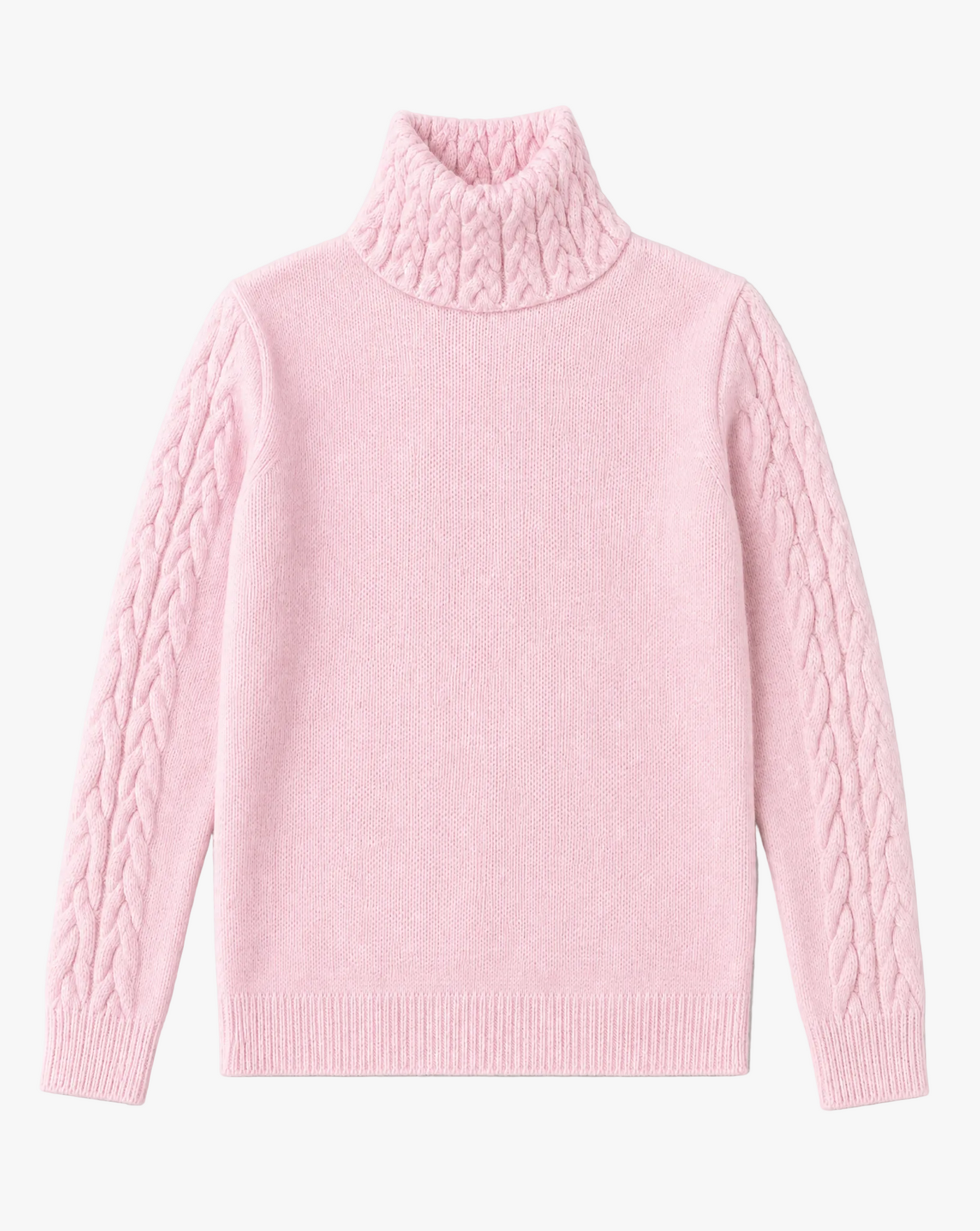 Highland Knit — pink cable knit turtleneck sweater flat lay by Sulta Studios