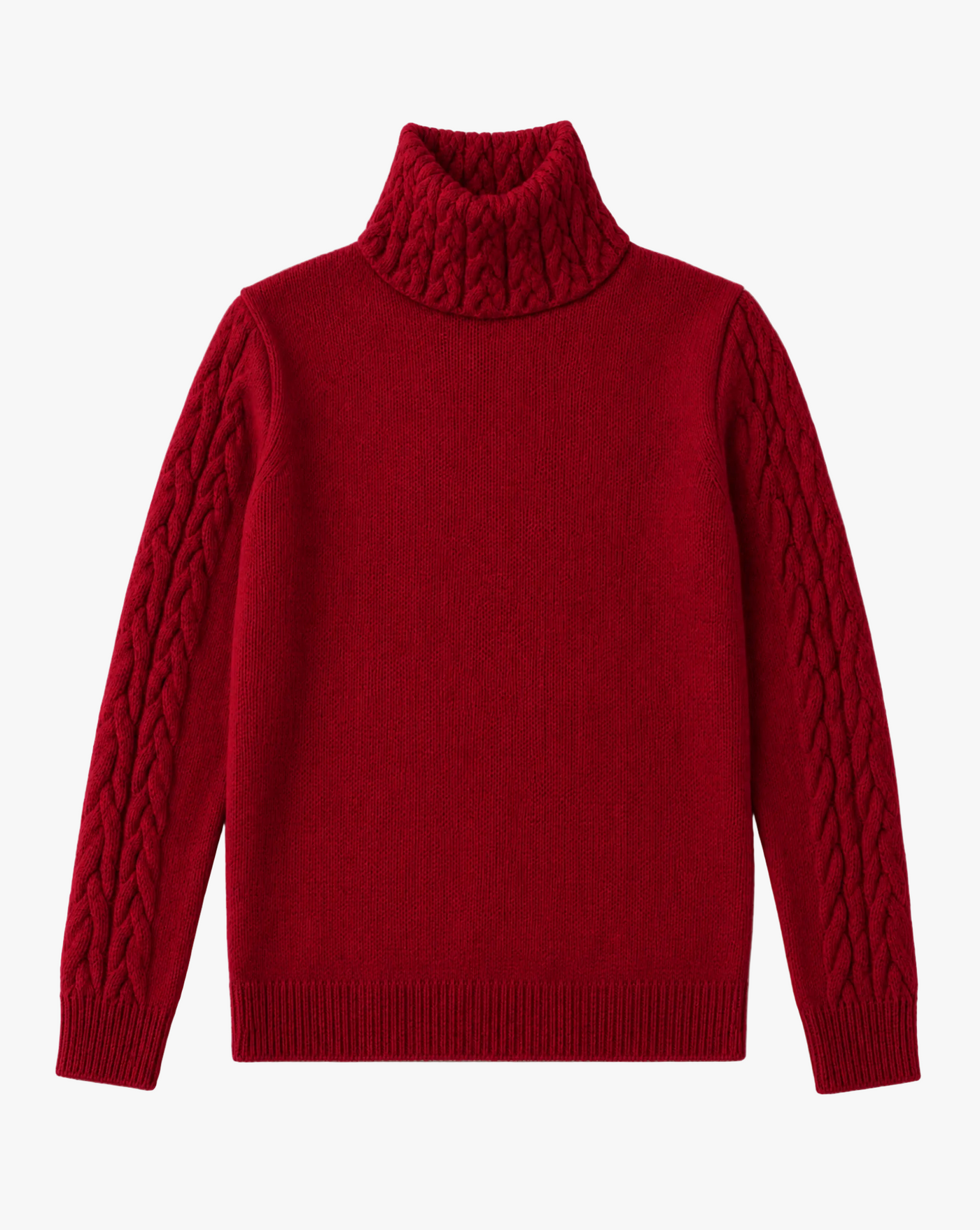 Highland Knit — red cable knit turtleneck sweater flat lay by Sulta Studios