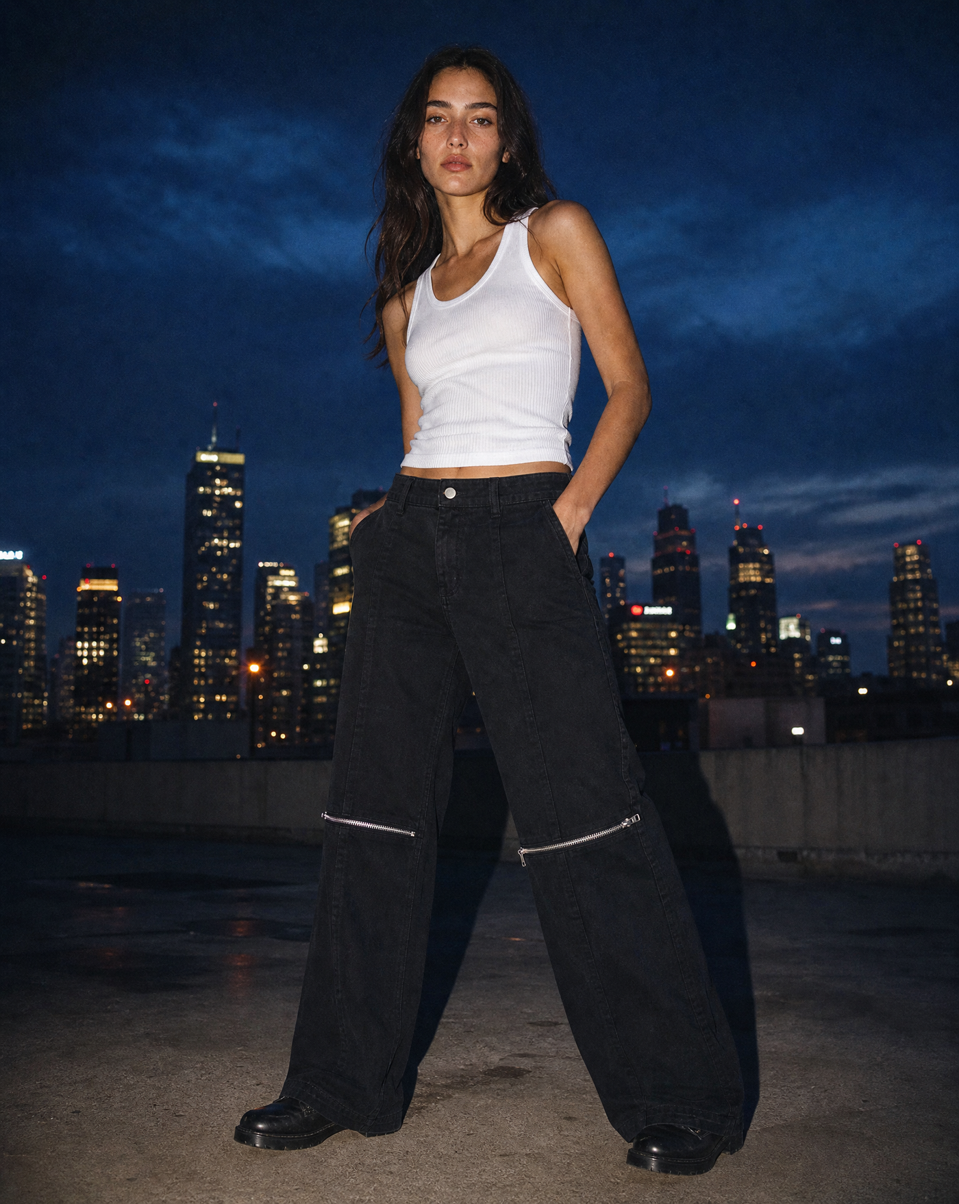 Hinge Wide Leg Denim — black wide leg jeans on female model by Sulta Studios