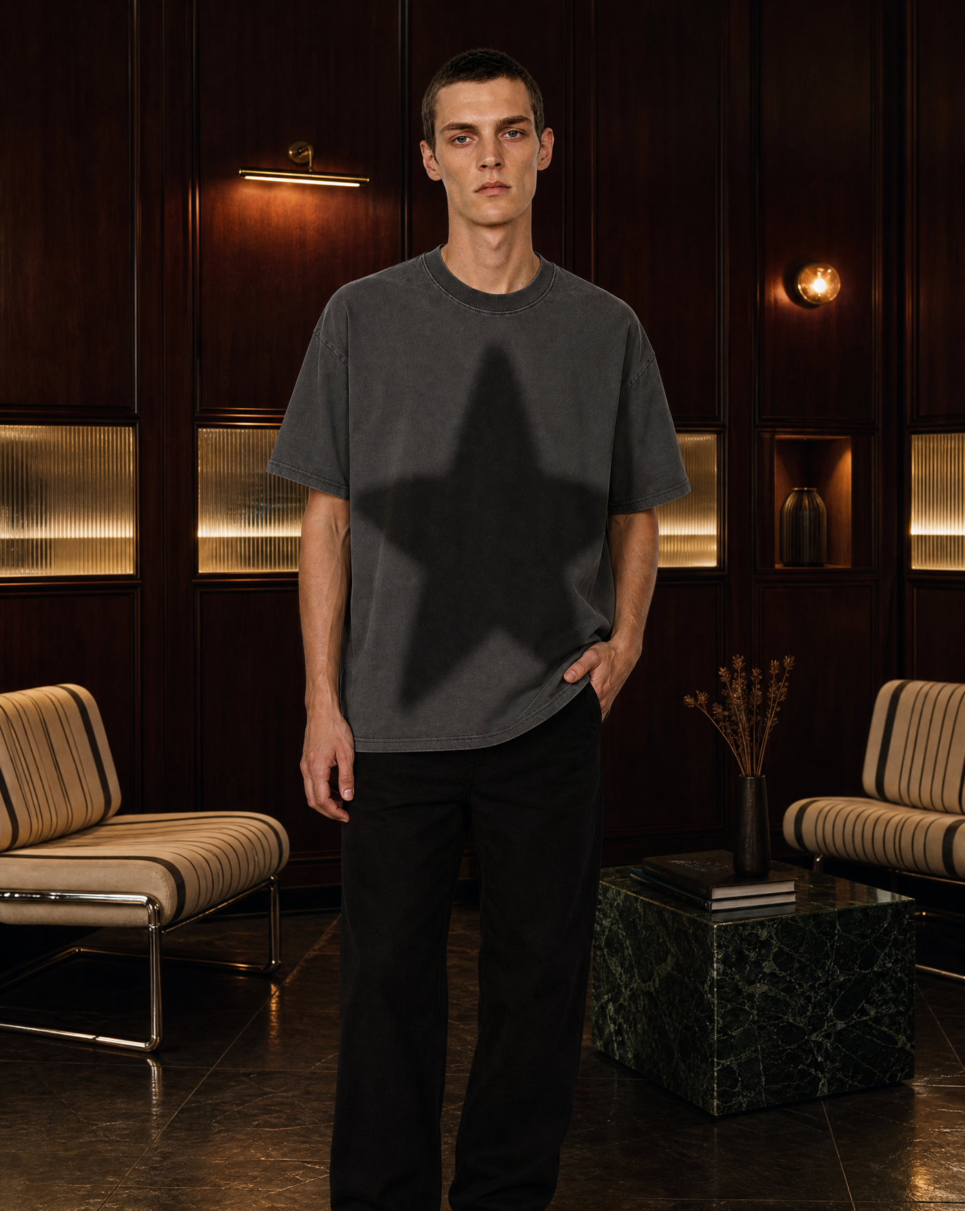 Model wearing the Washed Star Tee in a dark wood-panelled lounge - editorial