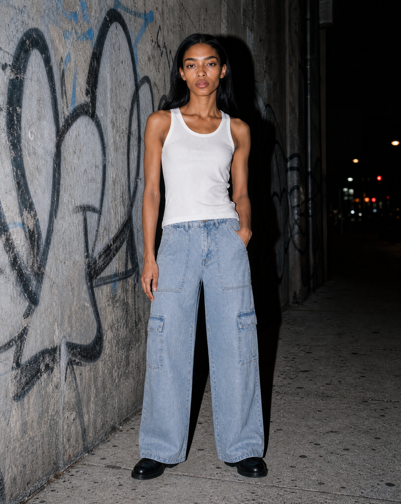 BLNKA editorial - Light Wash Cargo Jeans