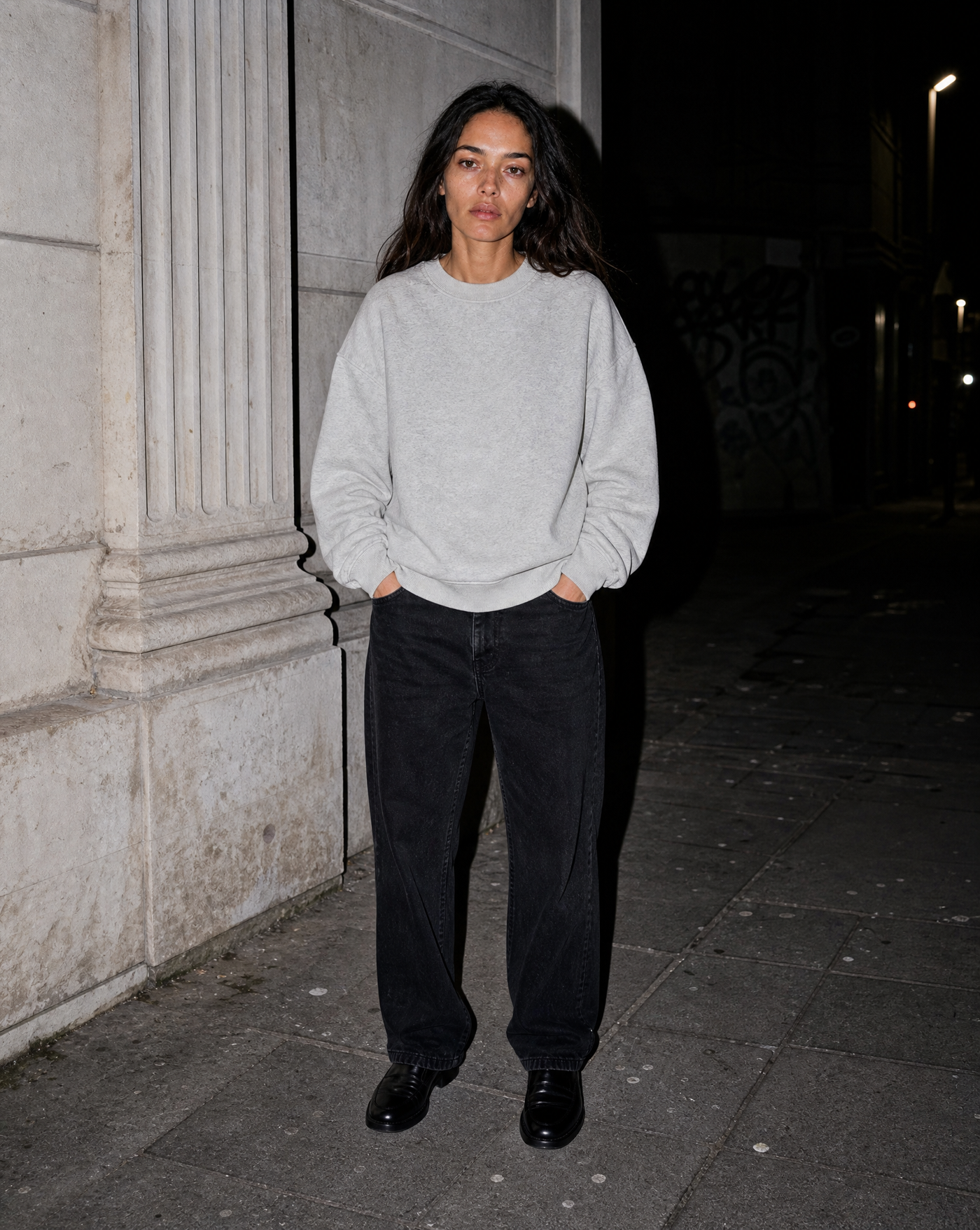 BLNKA editorial - Grey Fleece Crew