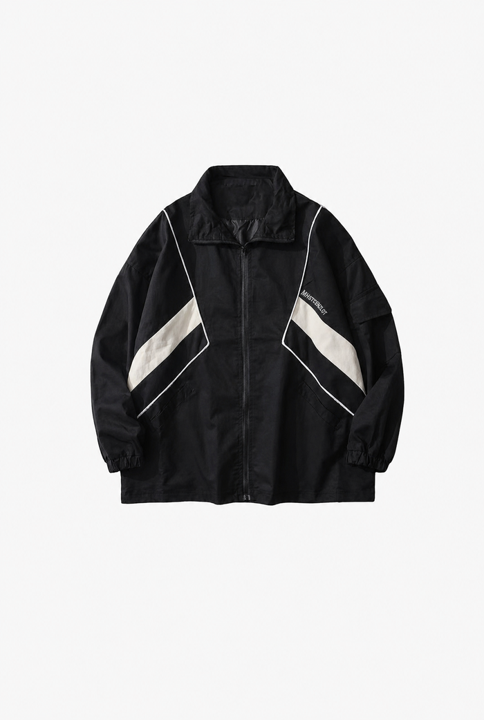Black Windbreaker flat-lay
