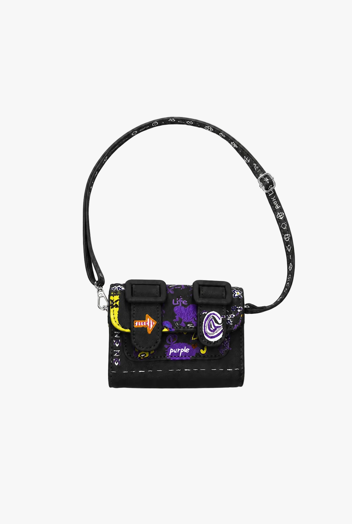 Mini Graffiti Crossbody — black graffiti crossbody bag flat lay by Sulta Studios