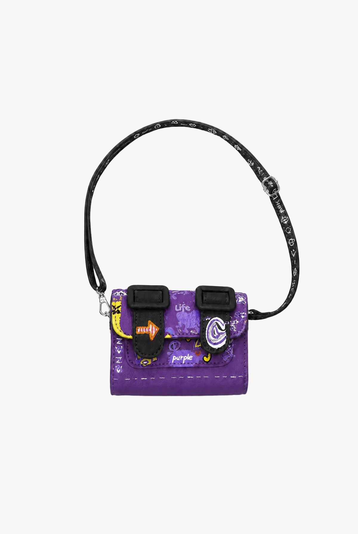 Mini Graffiti Crossbody — purple graffiti crossbody bag flat lay by Sulta Studios