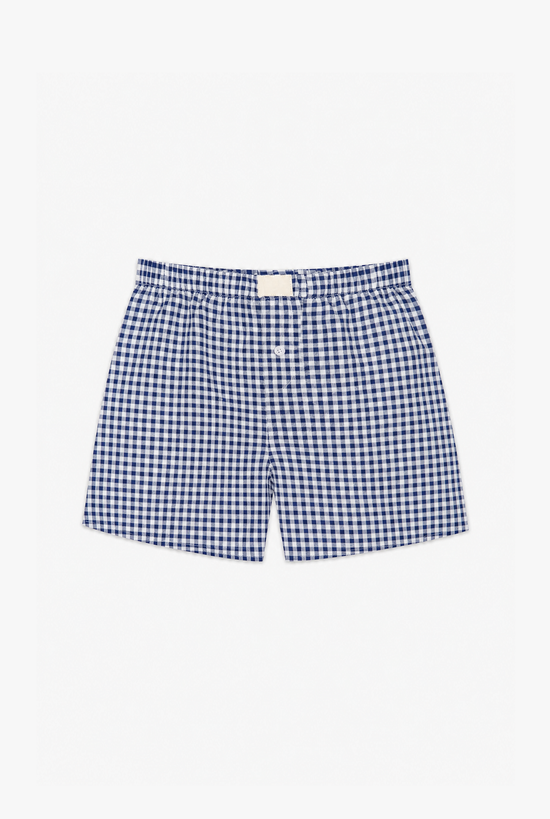Night Check Lounge Shorts — women's dark blue gingham lounge shorts by Sulta Studios