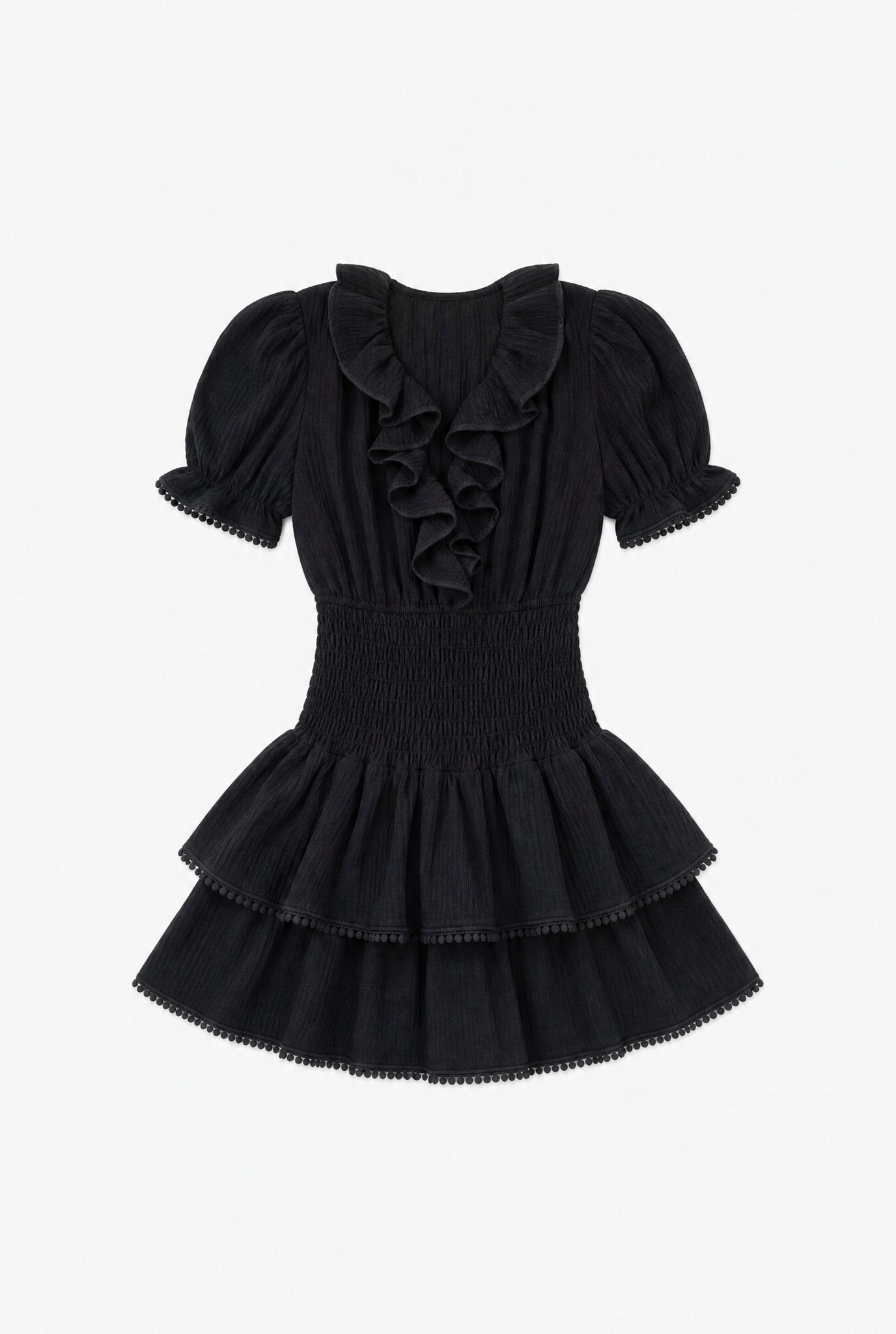Overture Line Dress — black tiered ruffle dress flat lay by Sulta Studios