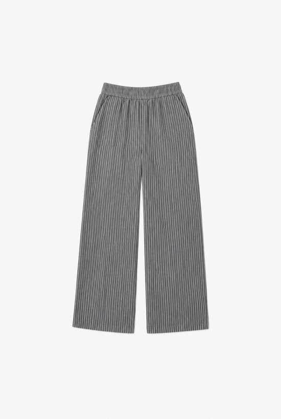 Pinstripe Wide Leg Trousers — women's black pinstripe wide-leg trousers by Sulta Studios