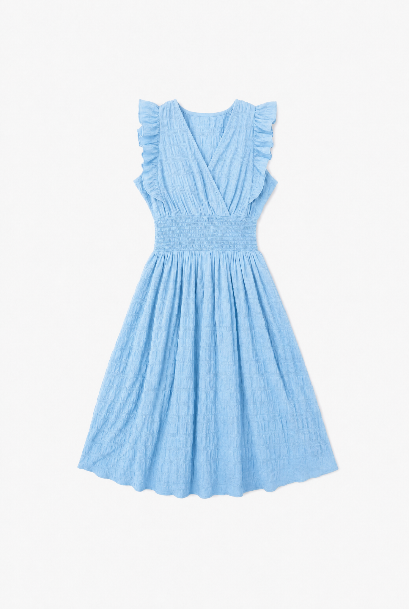 Pleatline Dress — azure blue pleated eyelet womens dress flat lay by Sulta Studios