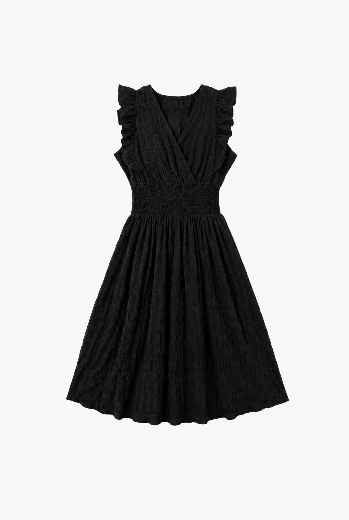 Pleatline Dress — black pleated eyelet womens dress flat lay by Sulta Studios