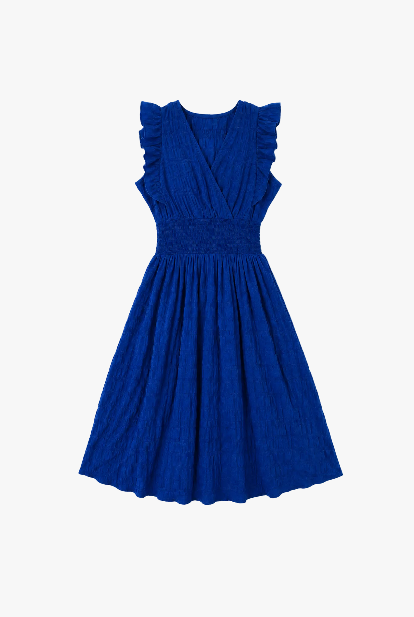 Pleatline Dress — sapphire blue pleated eyelet womens dress flat lay by Sulta Studios