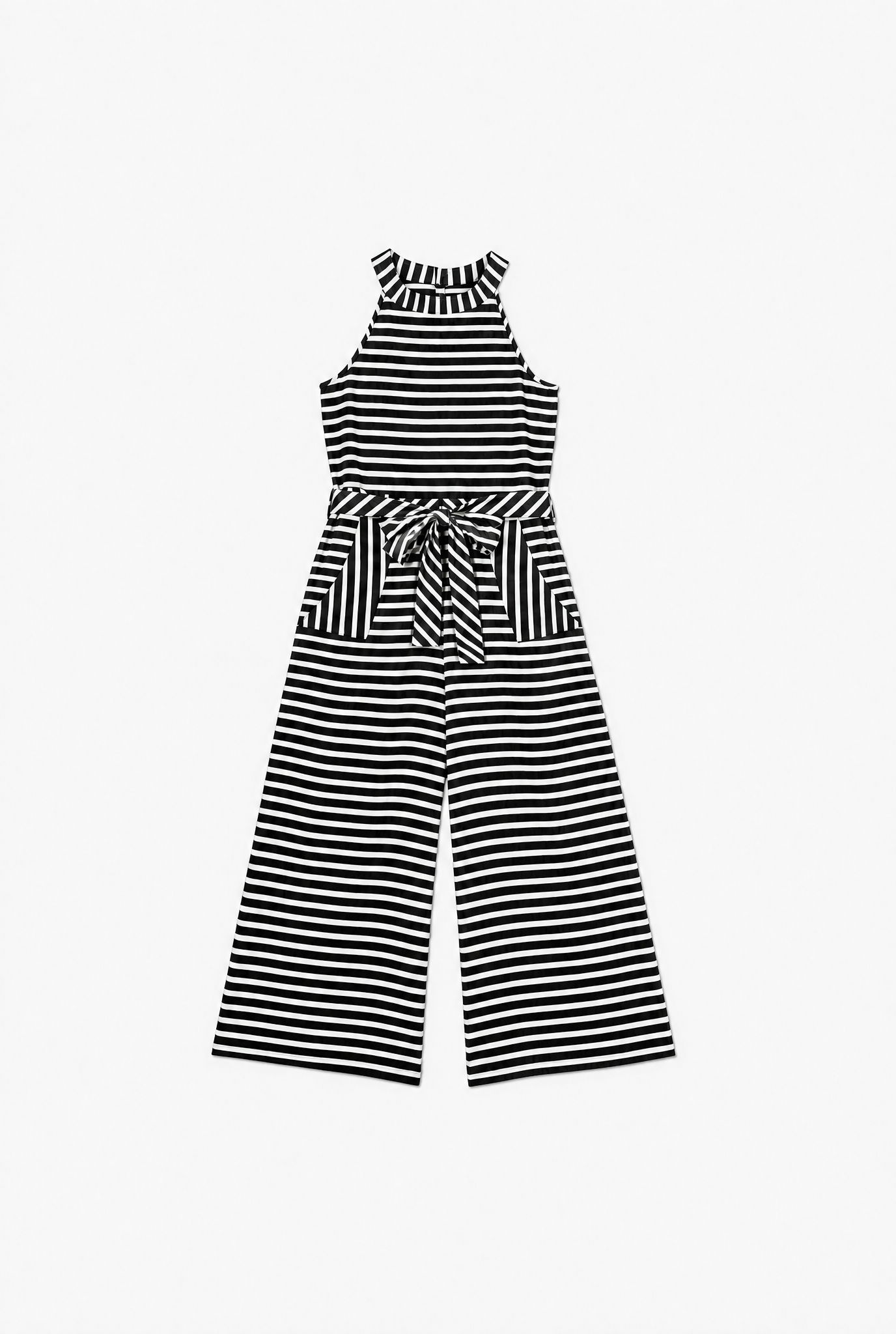 Plumb Line Jumpsuit — black and white striped wide leg womens jumpsuit flat lay by Sulta Studios