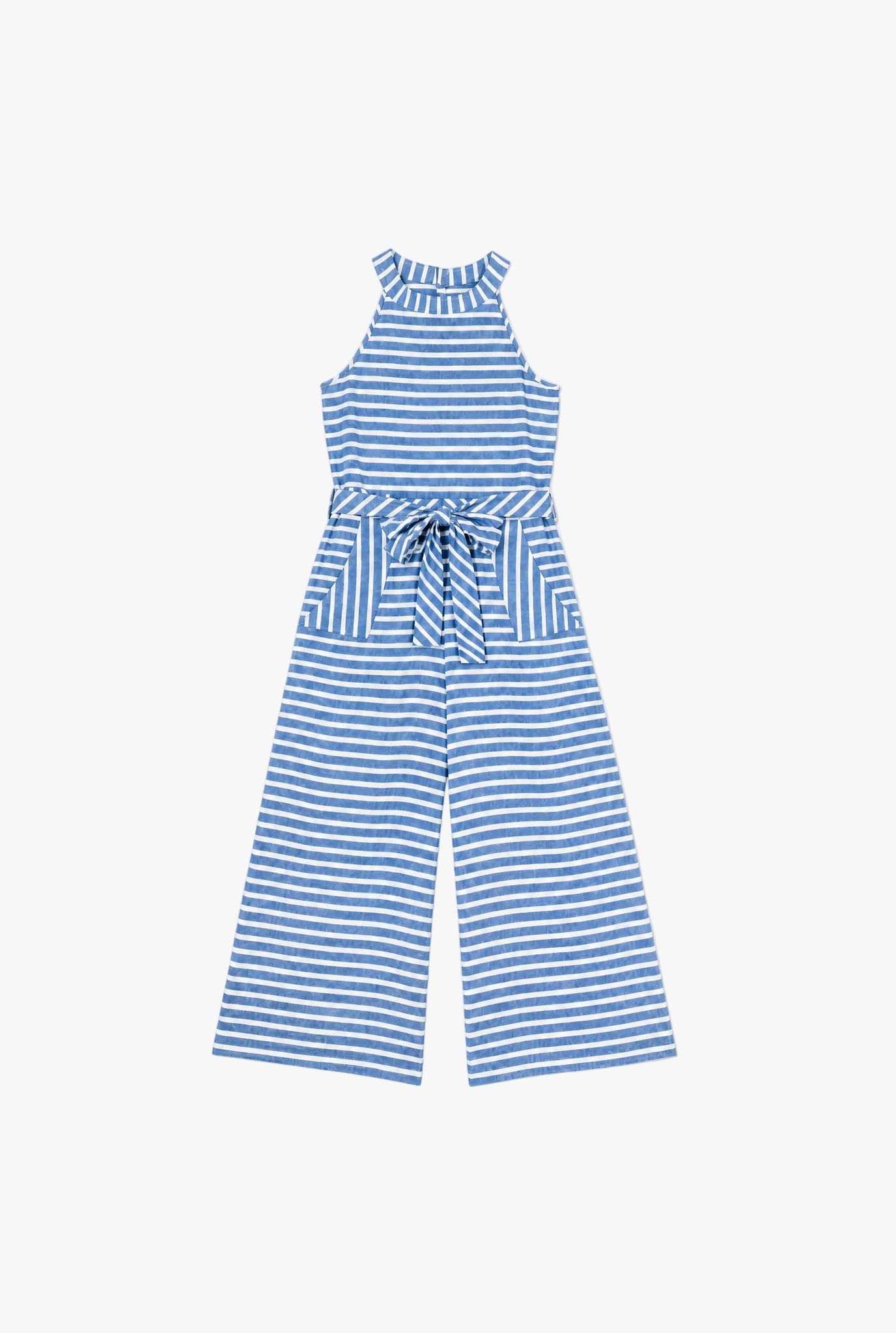 Plumb Line Jumpsuit — blue and white striped wide leg womens jumpsuit flat lay by Sulta Studios