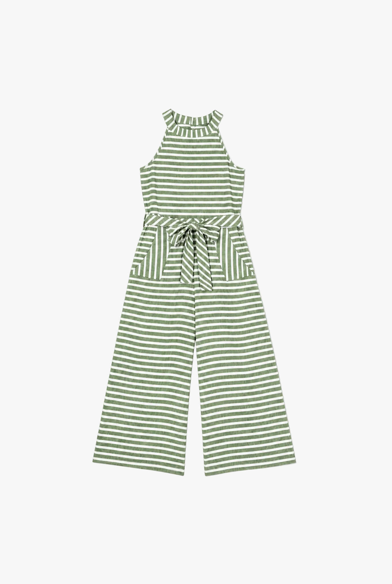 Plumb Line Jumpsuit — green and white striped wide leg womens jumpsuit flat lay by Sulta Studios
