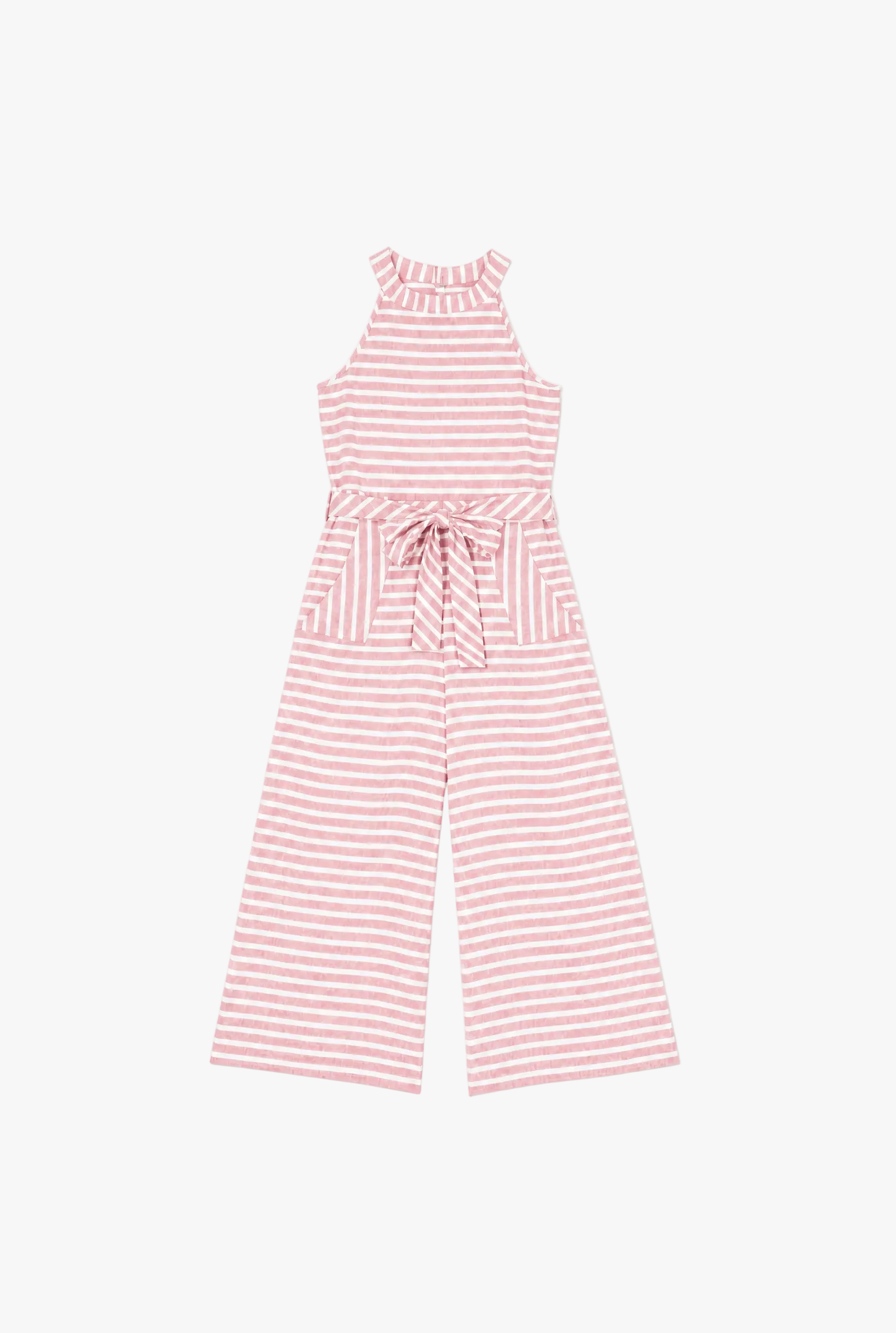 Plumb Line Jumpsuit — pink and white striped wide leg womens jumpsuit flat lay by Sulta Studios