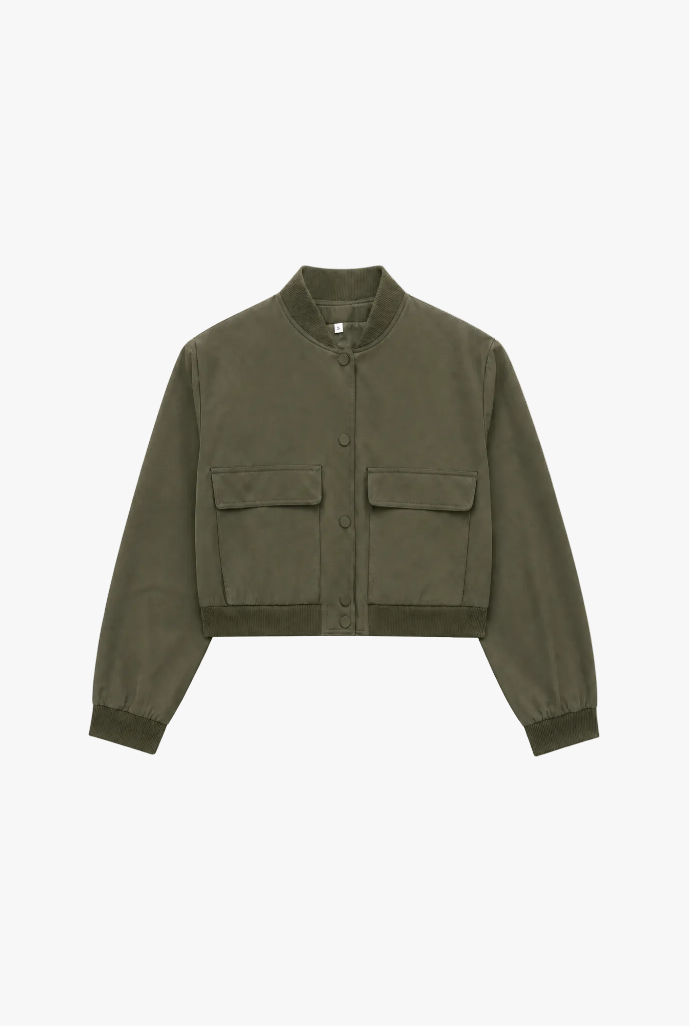 Quartermaster Jacket — army green cropped bomber jacket with pockets flat lay by Sulta Studios