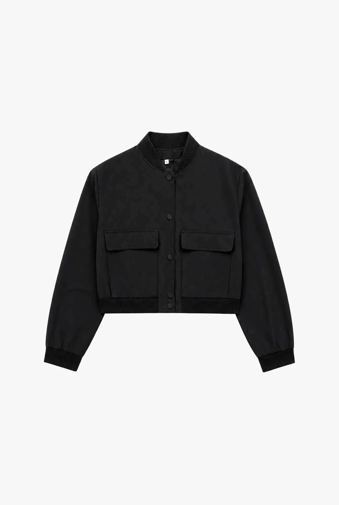 Quartermaster Jacket — black cropped bomber jacket with pockets flat lay by Sulta Studios