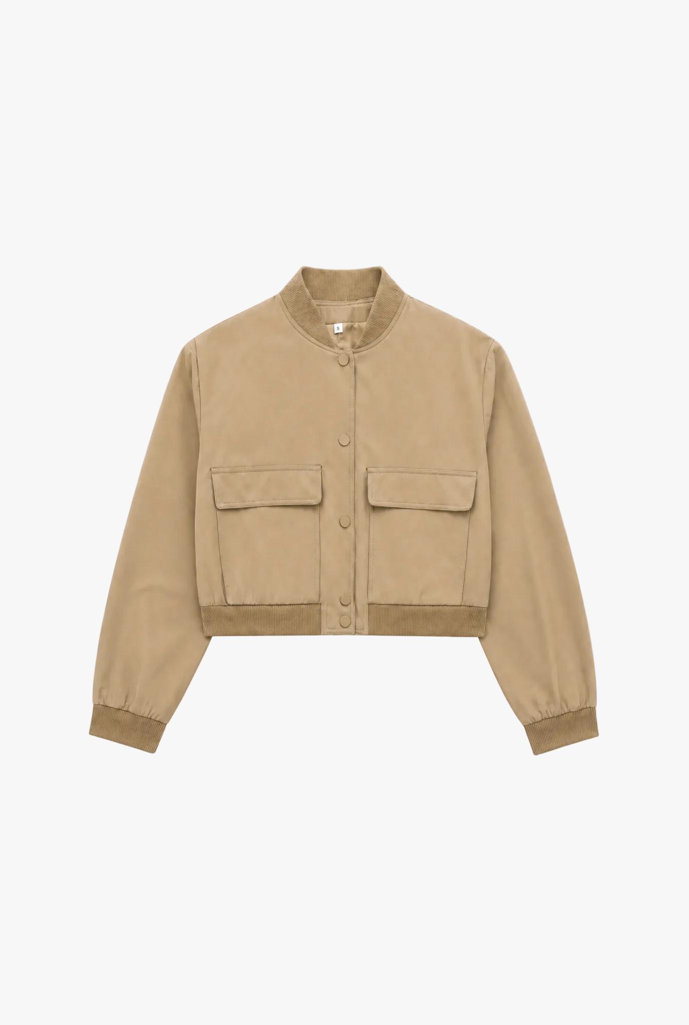 Quartermaster Jacket — khaki cropped bomber jacket with pockets flat lay by Sulta Studios