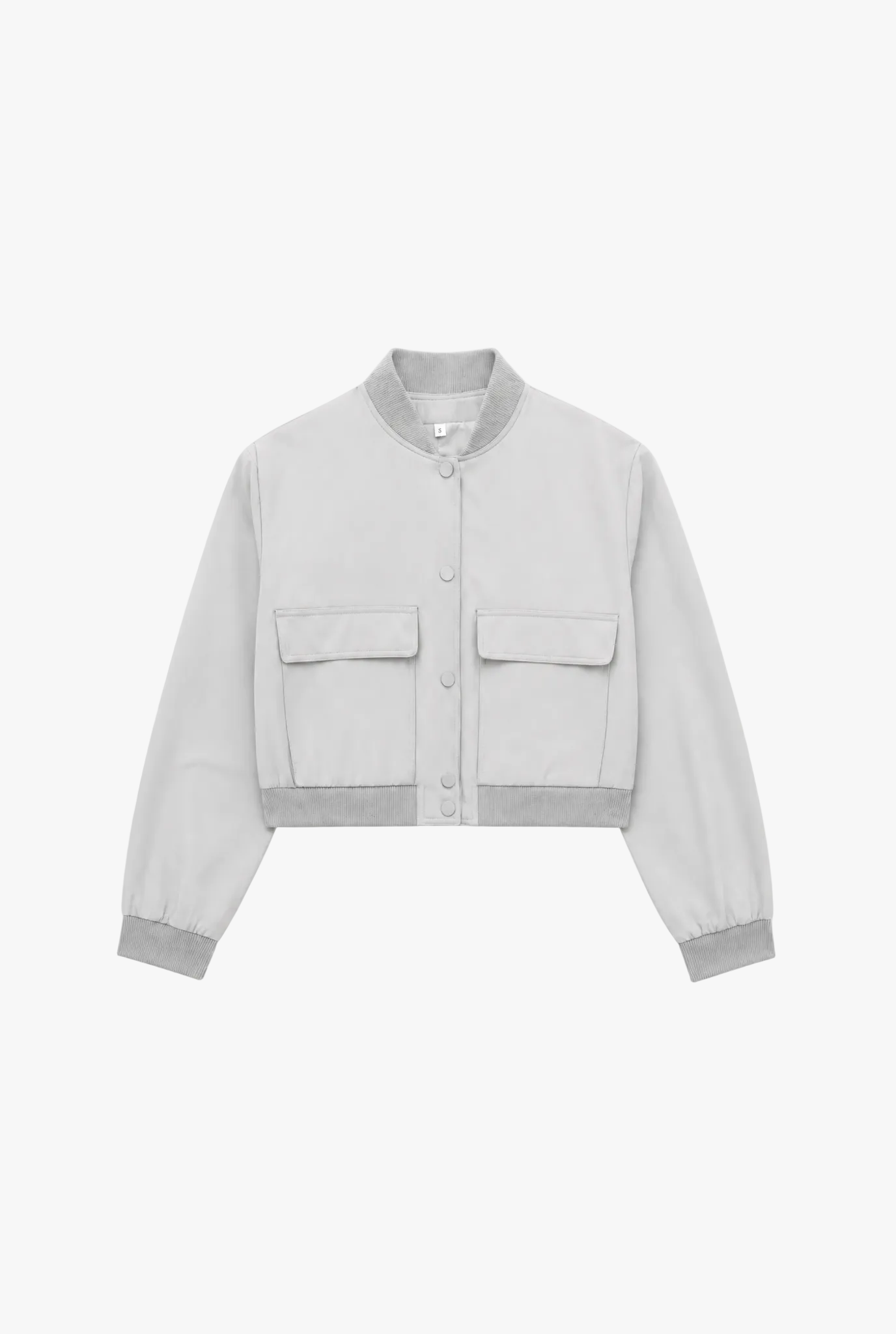 Quartermaster Jacket — light grey cropped bomber jacket with pockets flat lay by Sulta Studios