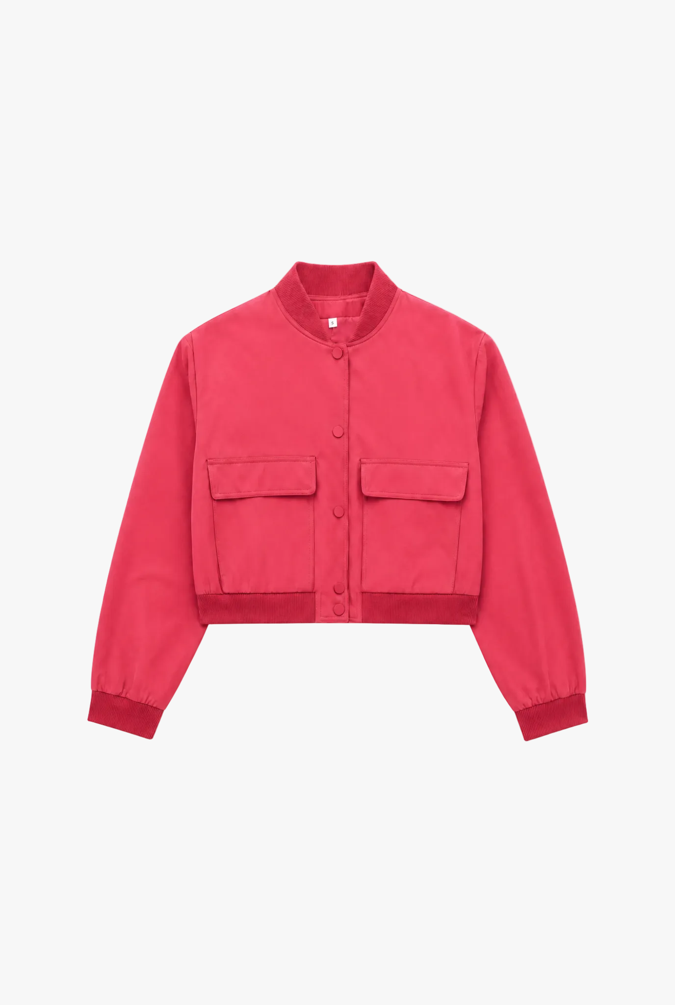 Quartermaster Jacket — rose red cropped bomber jacket with pockets flat lay by Sulta Studios