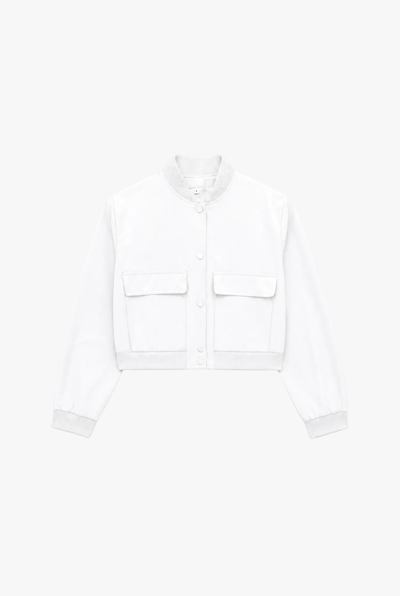 Quartermaster Jacket — white cropped bomber jacket with pockets flat lay by Sulta Studios