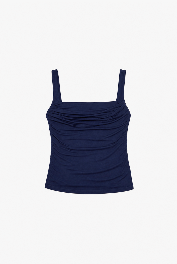 Ruched Navy Top flat-lay