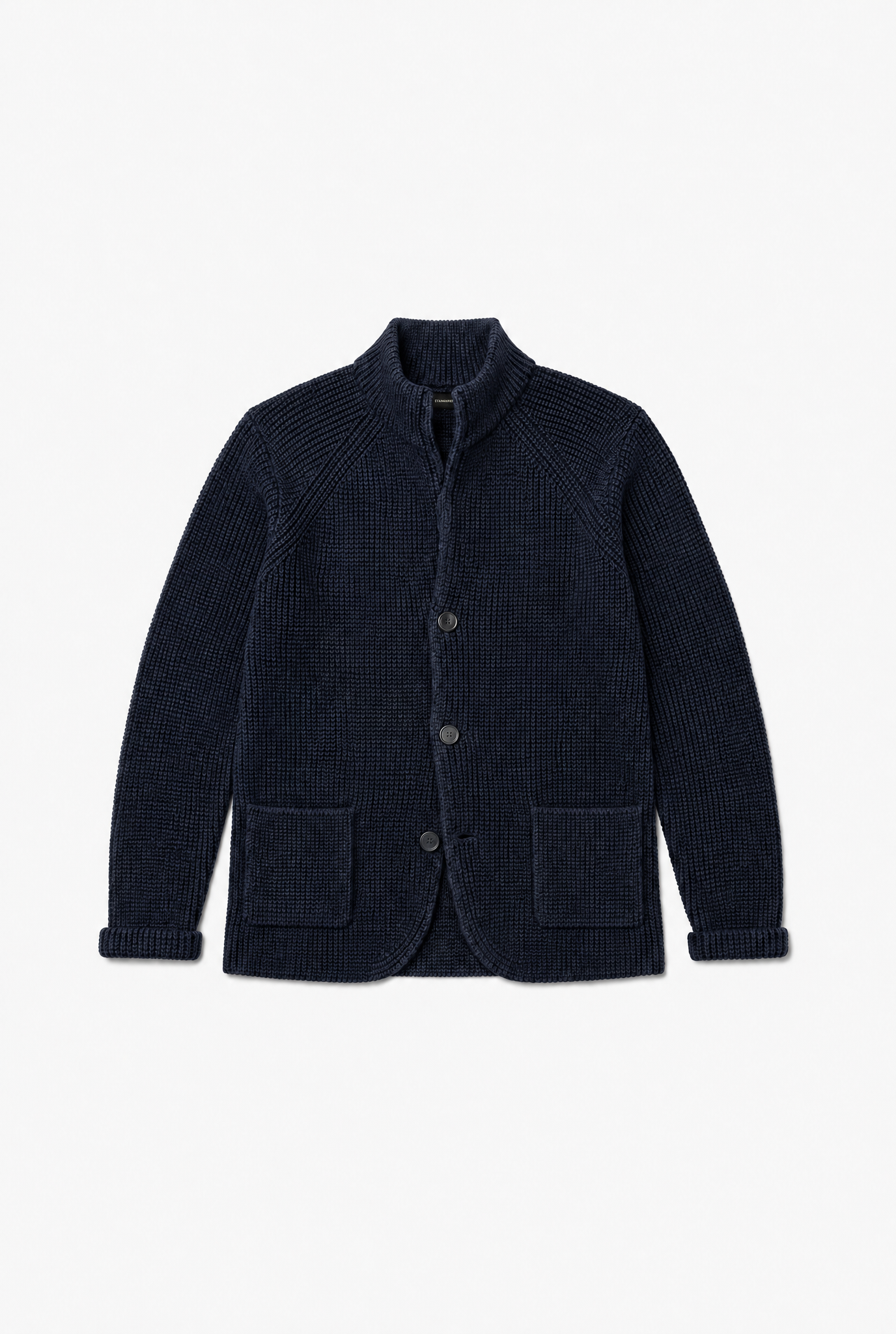 Sentry Cardigan — dark blue ribbed knit standing collar cardigan flat lay by Sulta Studios